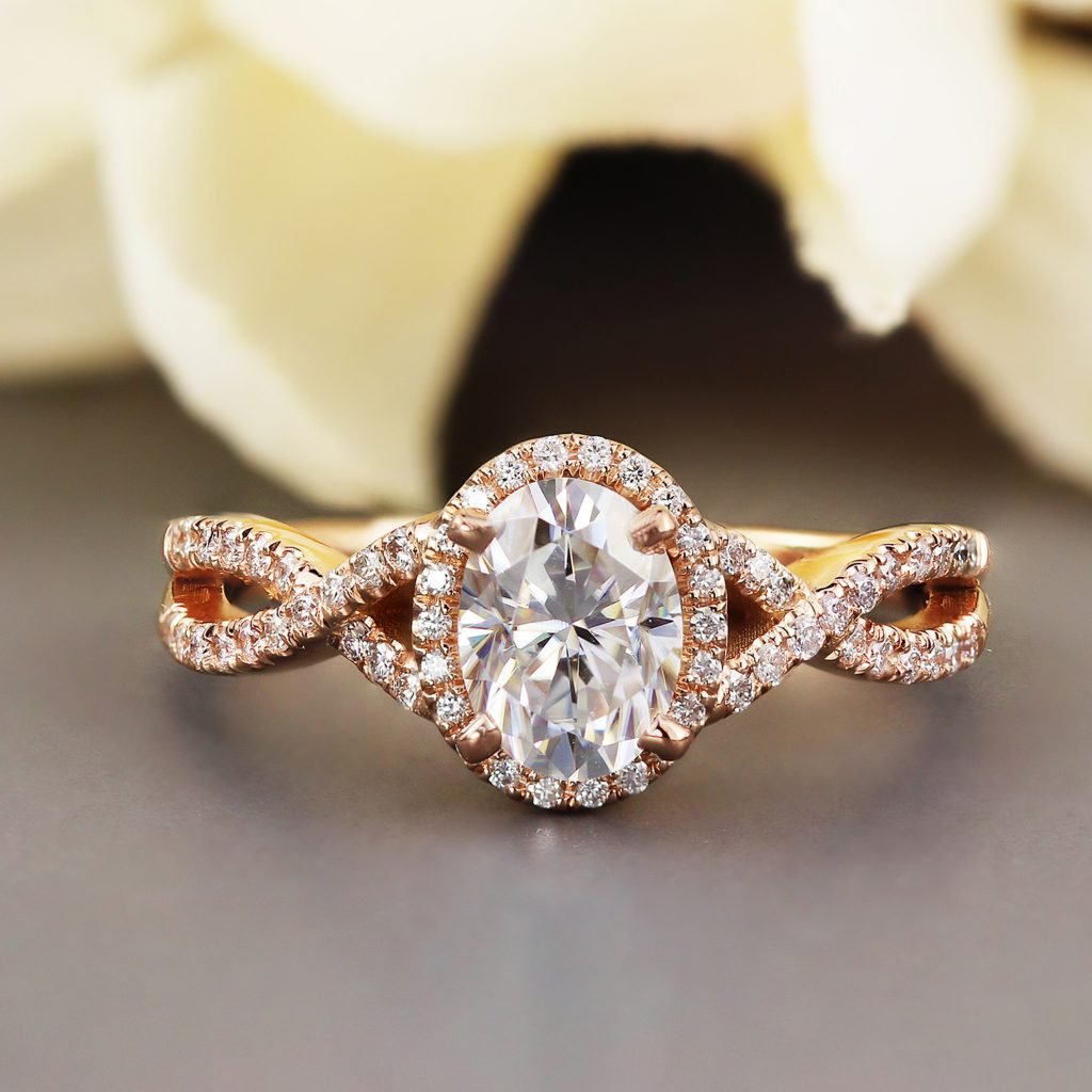 white gold oval moissanite halo diamond engagement ring